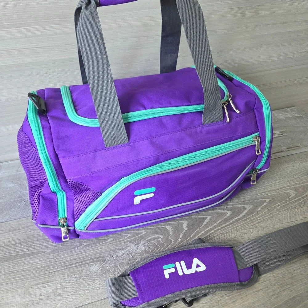 Fila Sport Duffle Bag Purple Teal Polyester Ripstop Gym Travel Carry On